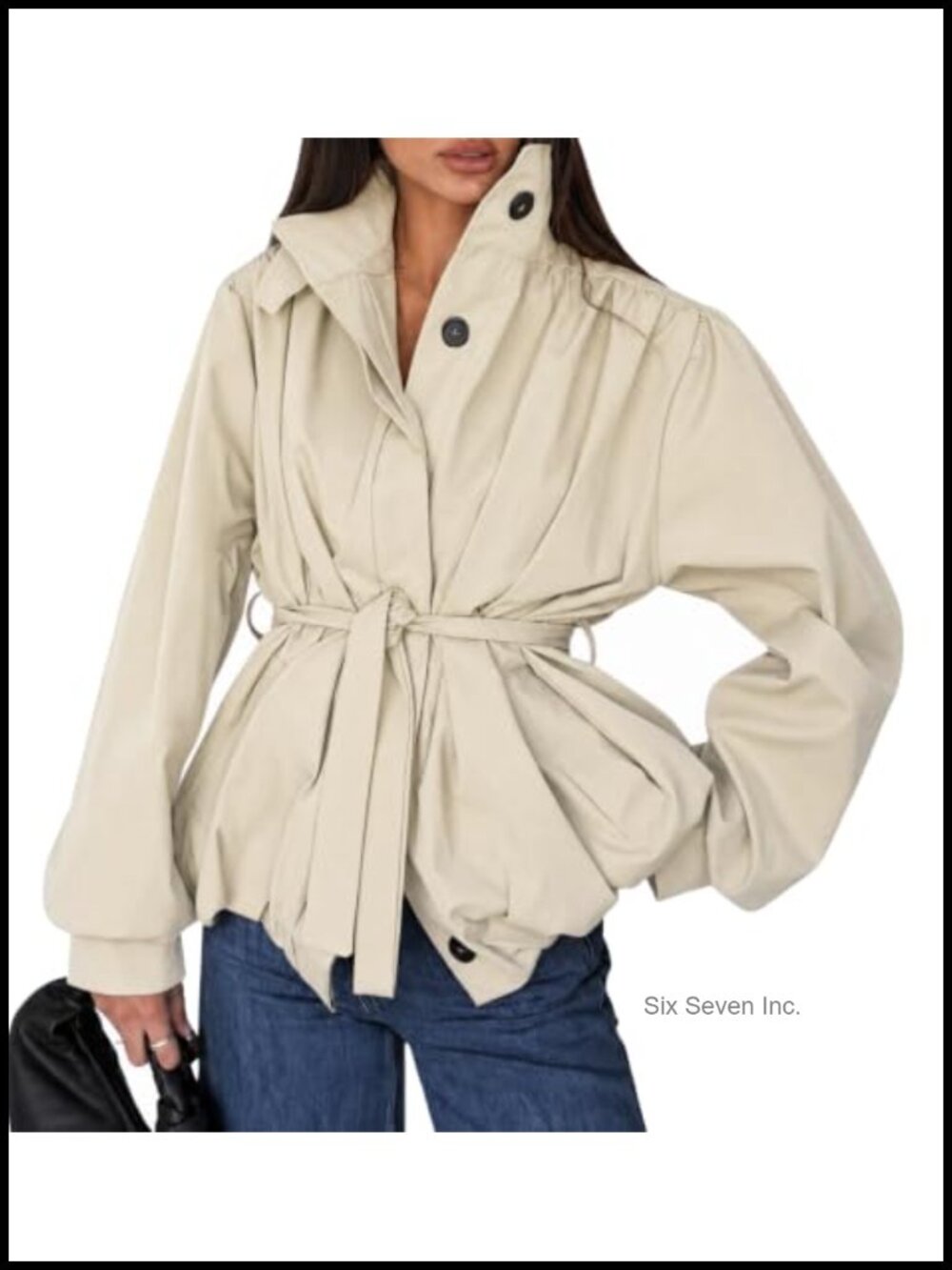 Women's Fall Casual Funnel Neck Belted Button Down Trench Coat Jacket